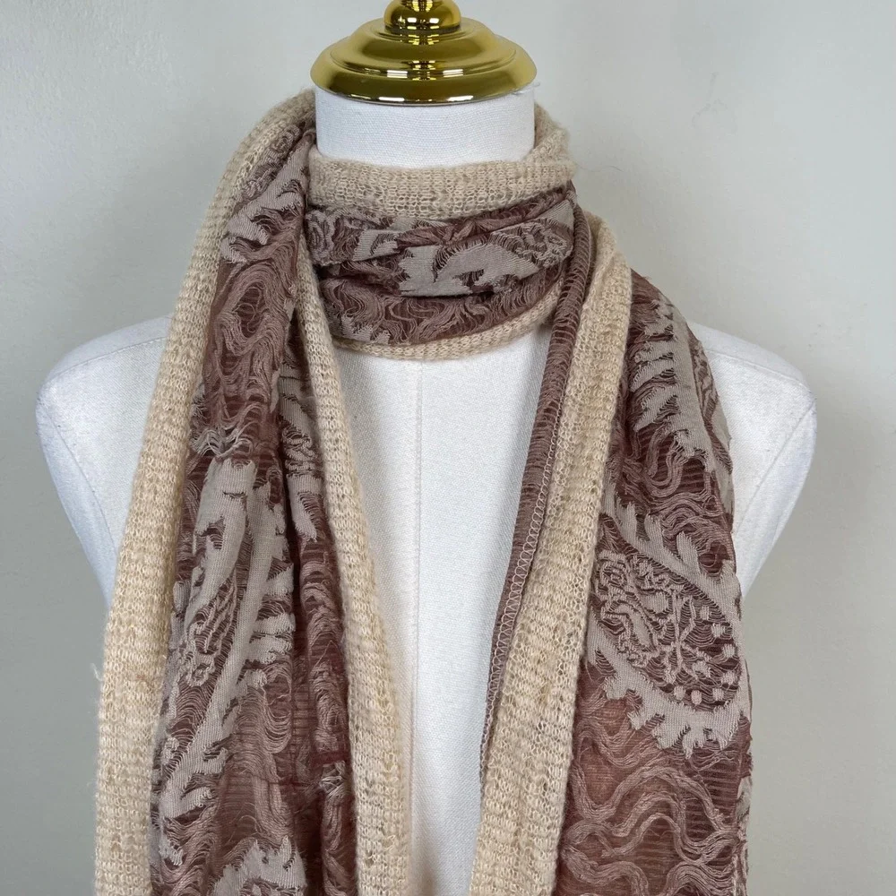 Paisley Knit Tassel Scarf Women Tan Brown Beaded Boho Romantic Wrap Fairy